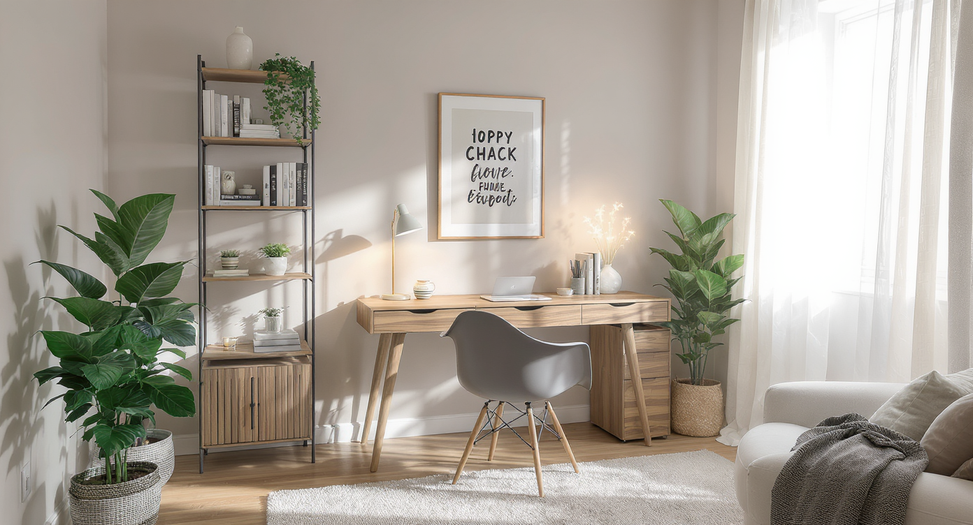 A stylish and functional home office with a wooden desk, comfortable chair, and shelves of plants and books.