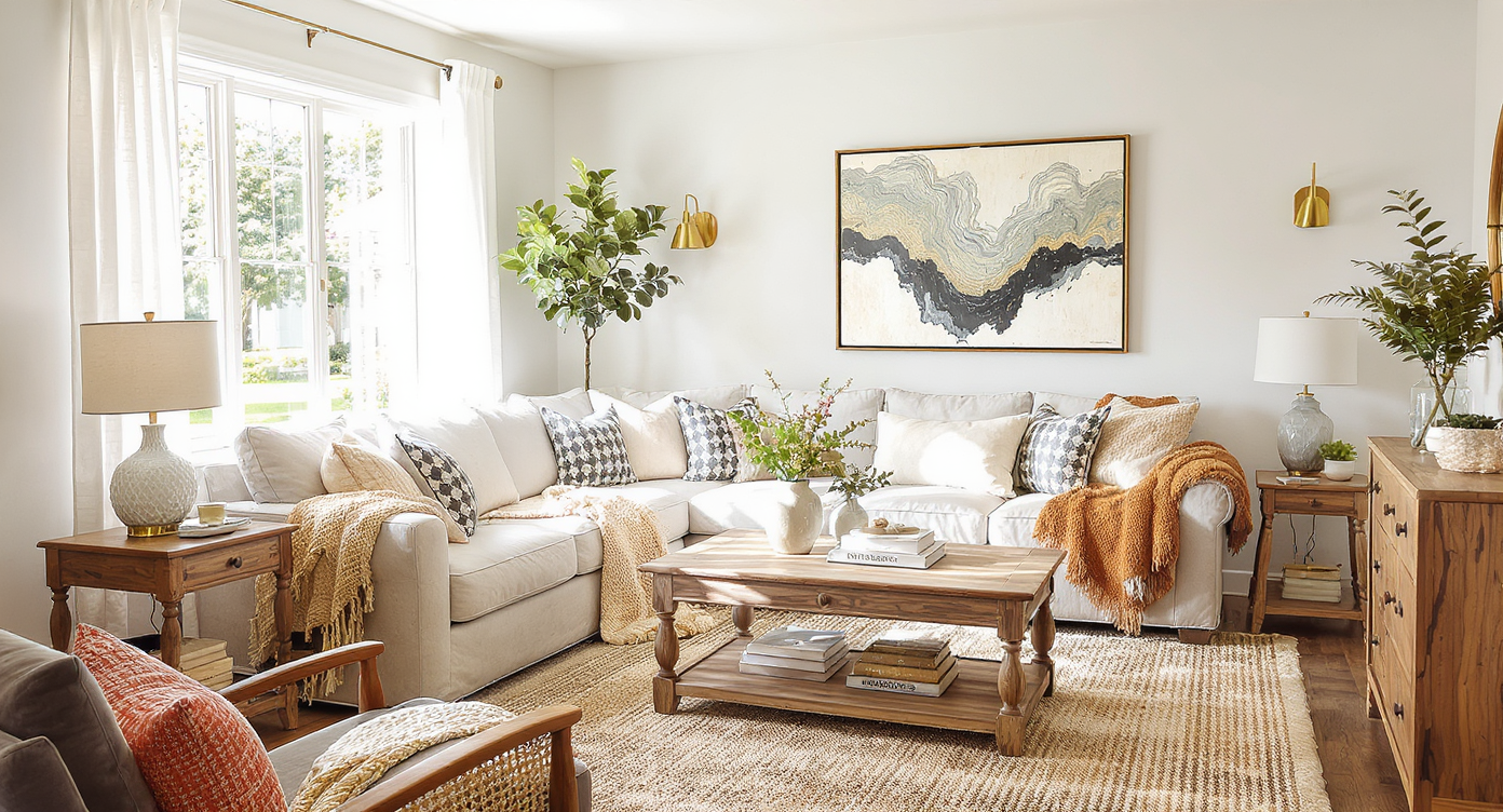 A cozy modern farmhouse living room with a sectional sofa, rustic coffee table, and bright natural light from a large window.
