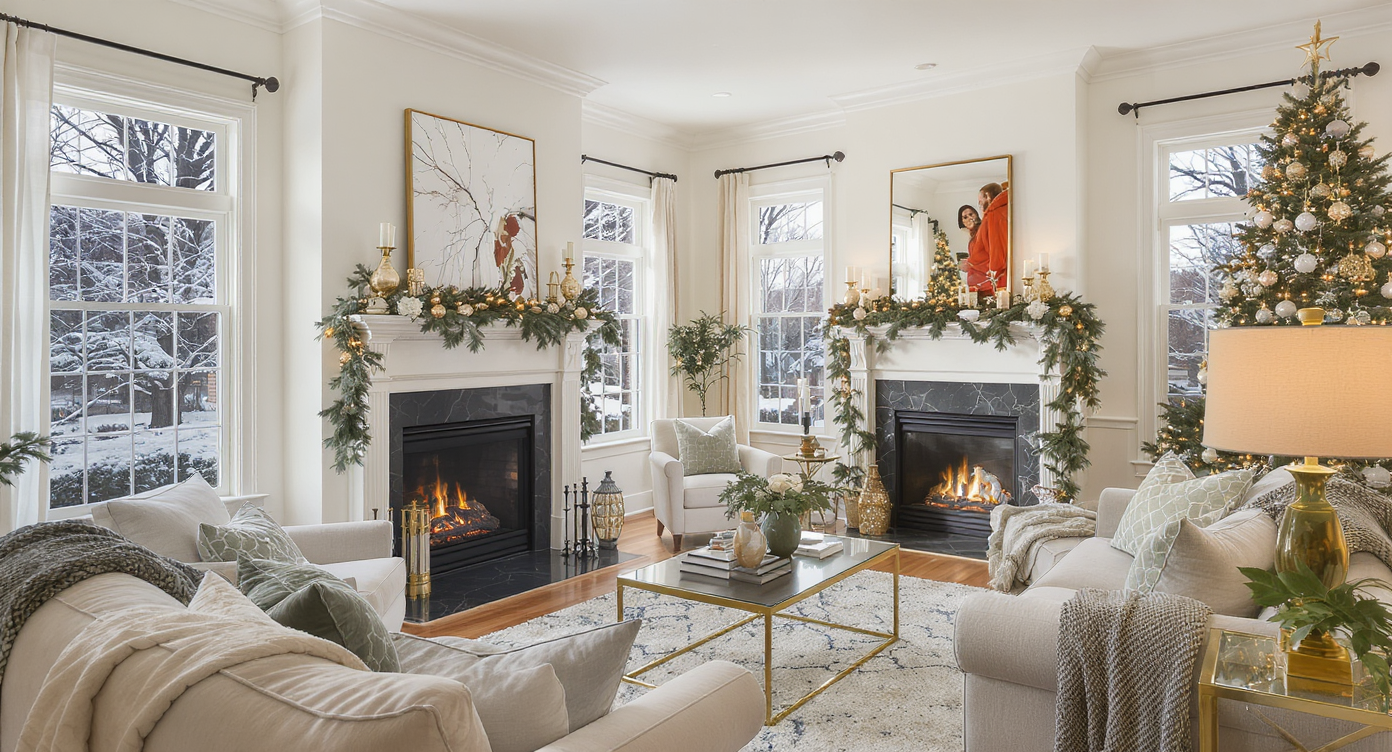 A modern living room decorated for the holidays with a fireplace, elegant furniture, and professional home buyers engaging.