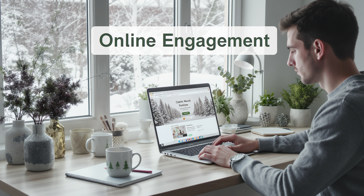 A modern home office decorated for the holidays, featuring a sleek desk, festive decor, and a view of snow outside, showing an engaged professional.