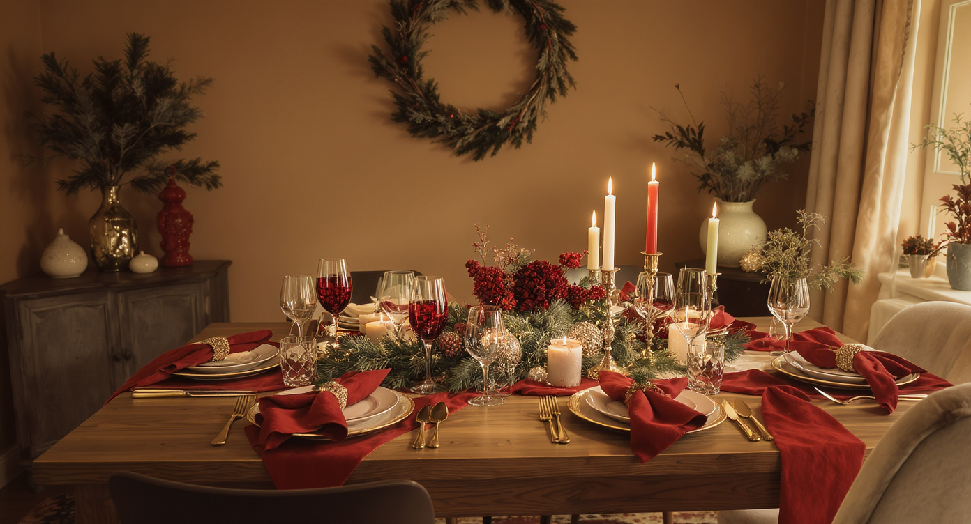 A sophisticated dining room set for a holiday meal, featuring a wooden table, elegant glassware, and festive centerpieces.
