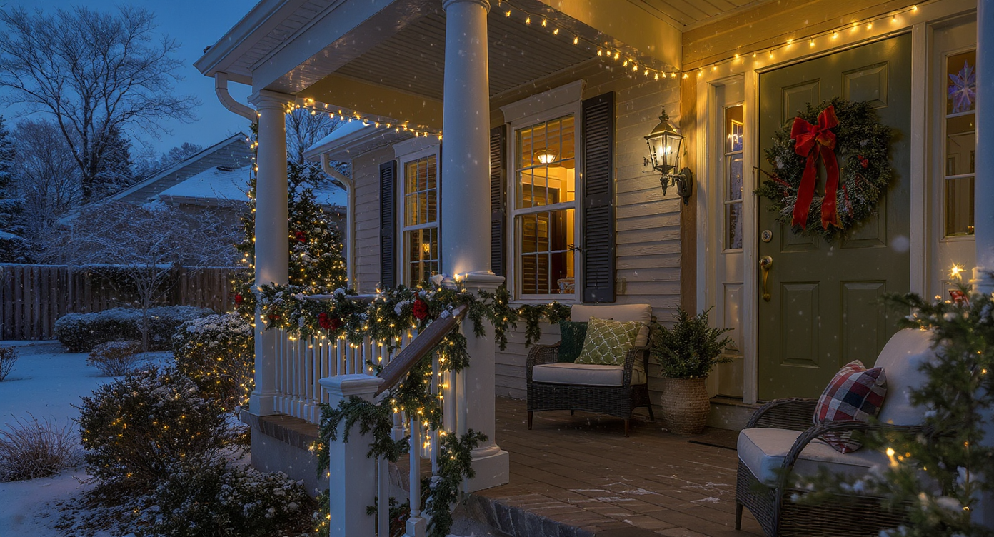 A welcoming porch decorated for the holidays with seating, lights, and a festive wreath, inviting homebuyers.