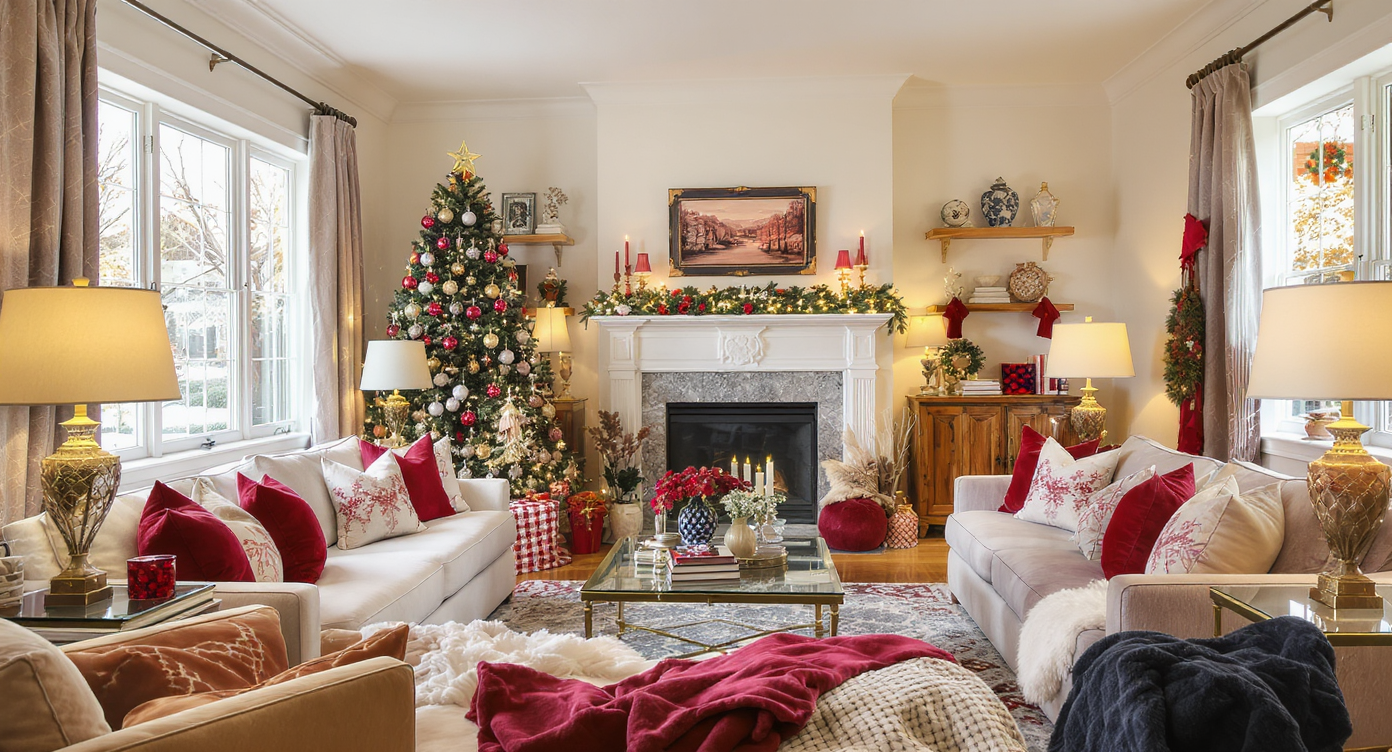 A beautifully staged holiday living room with a dressed Christmas tree, elegant seating, and soft festive decor creating a warm atmosphere.