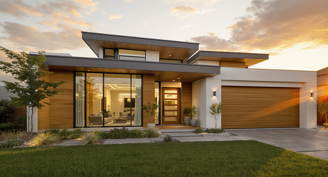 A modern home exterior at sunset, with large glass windows and natural wood accents.