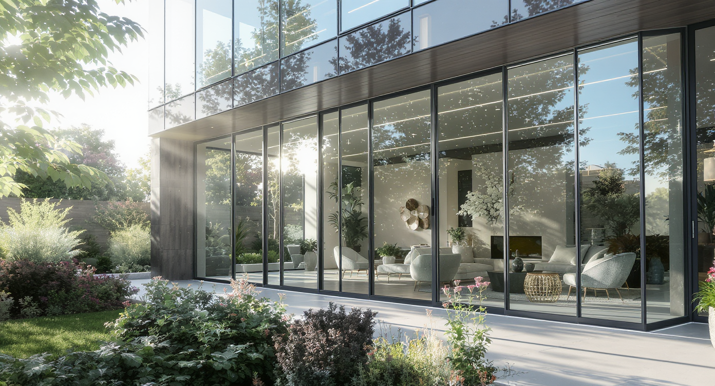 A modern home with large glass windows that connect the indoor space with a vibrant garden.