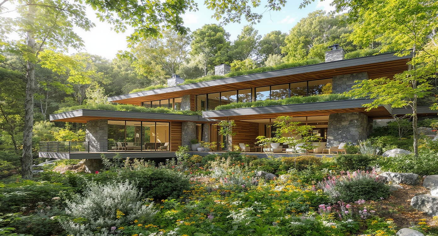 An eco-friendly home made of wood and stone, harmoniously integrated into a natural setting.