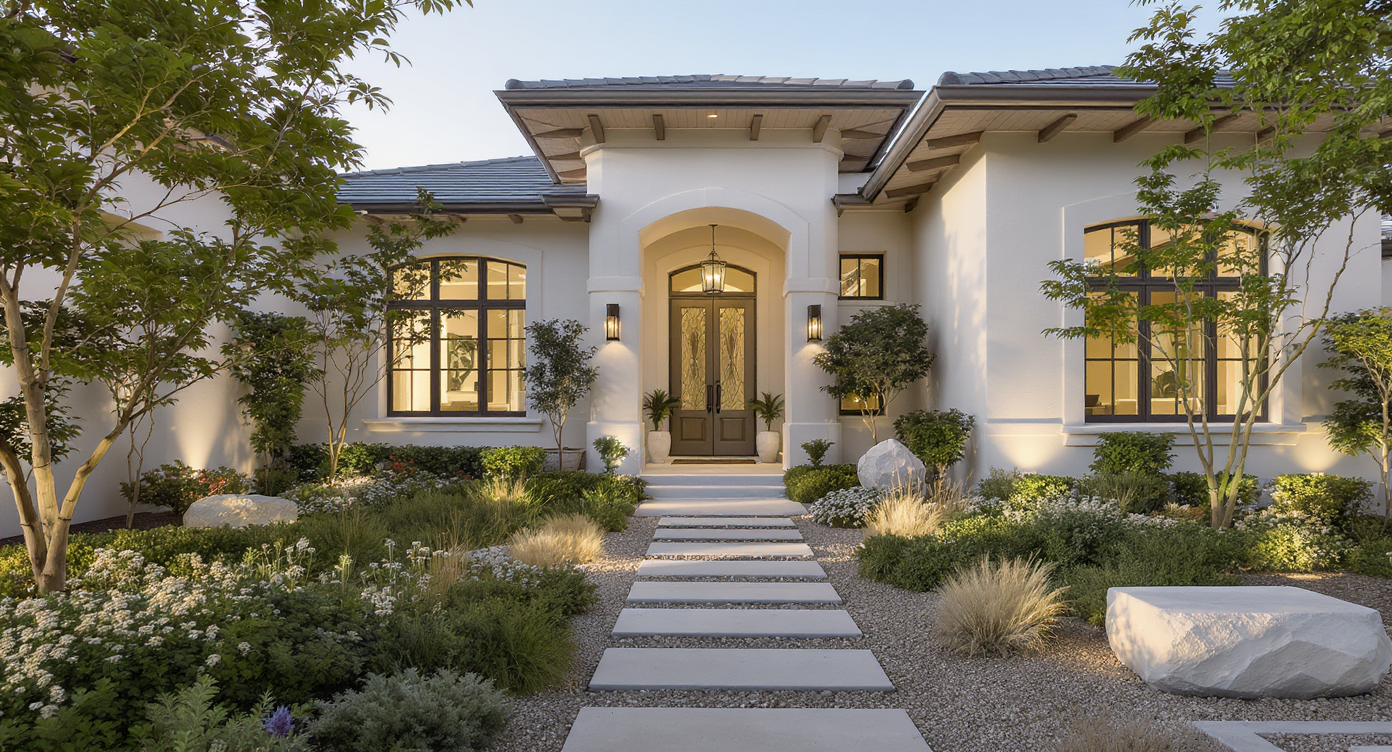 An inviting modern home exterior with a minimalist design and elegant landscaping.