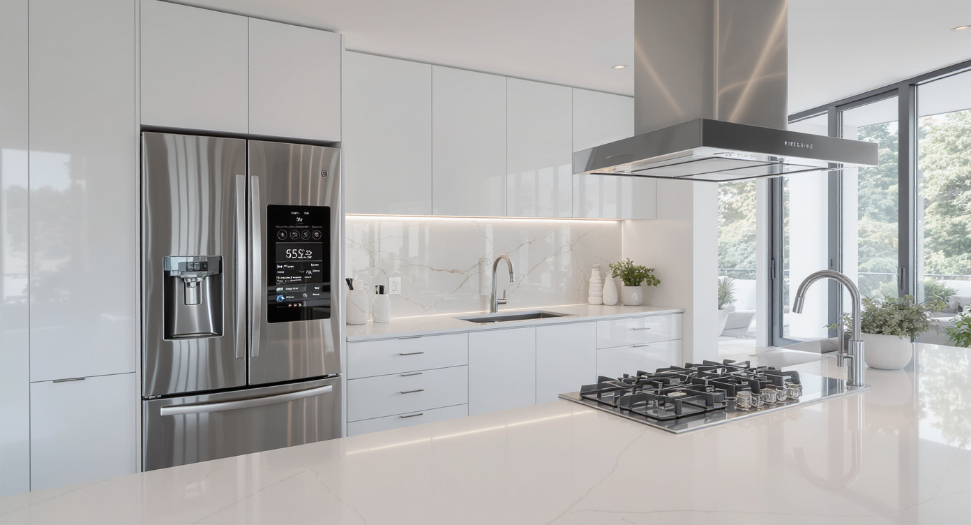 A modern kitchen featuring high-tech smart appliances and a minimalist design.