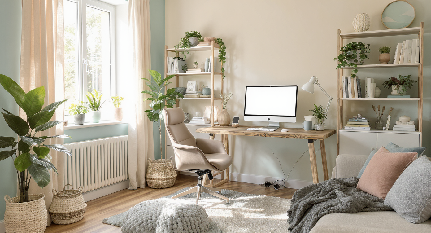 A bright and inspiring home office with sustainable furniture and smart tech elements.
