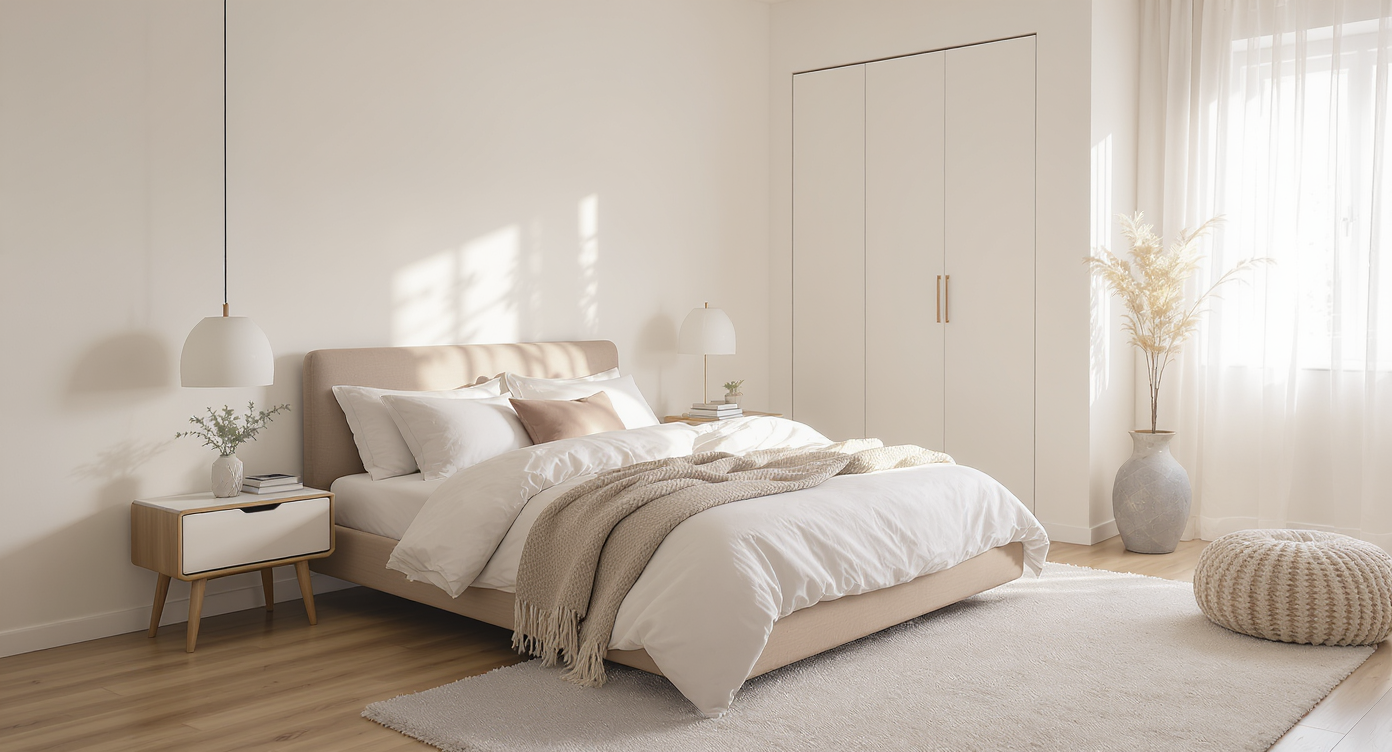 A serene minimalist bedroom with a calming color palette and cozy textures.