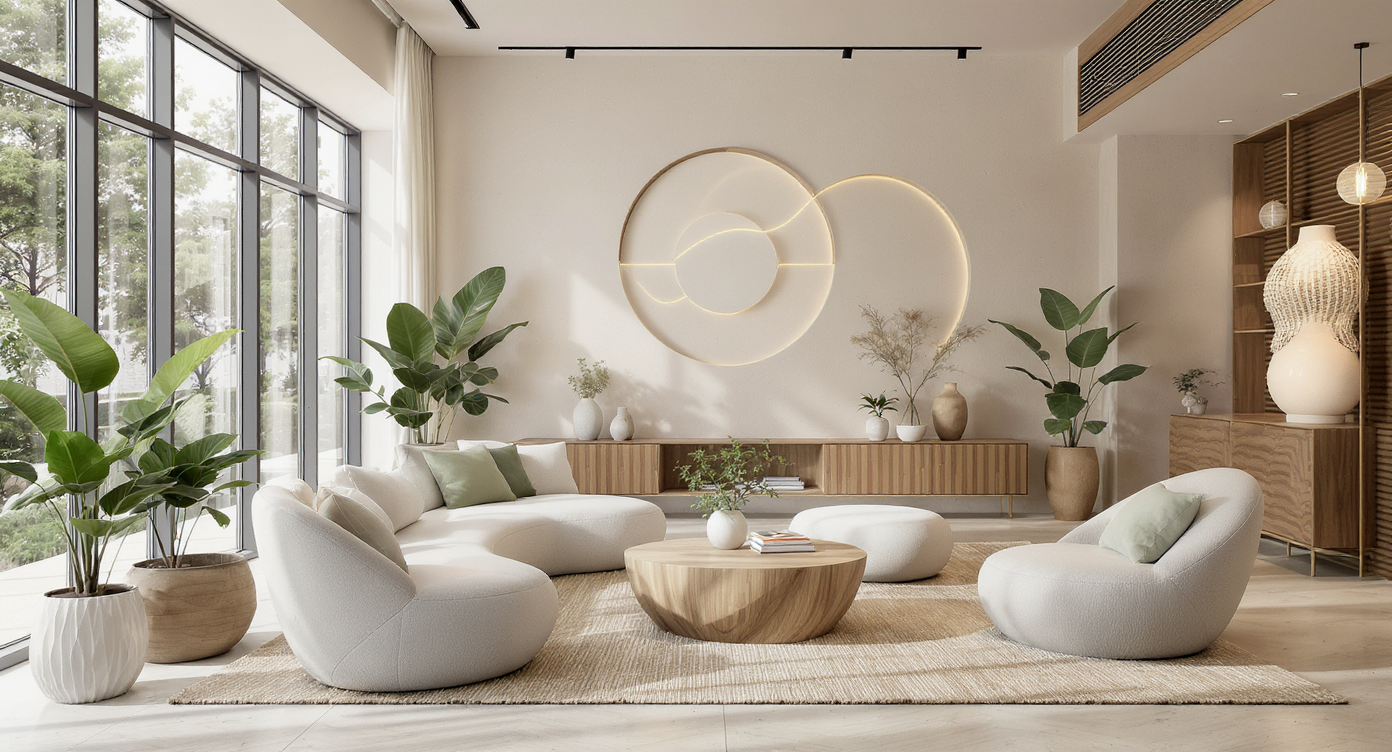 A contemporary living room flaunting sustainable materials, smart technology, and biophilic elements.