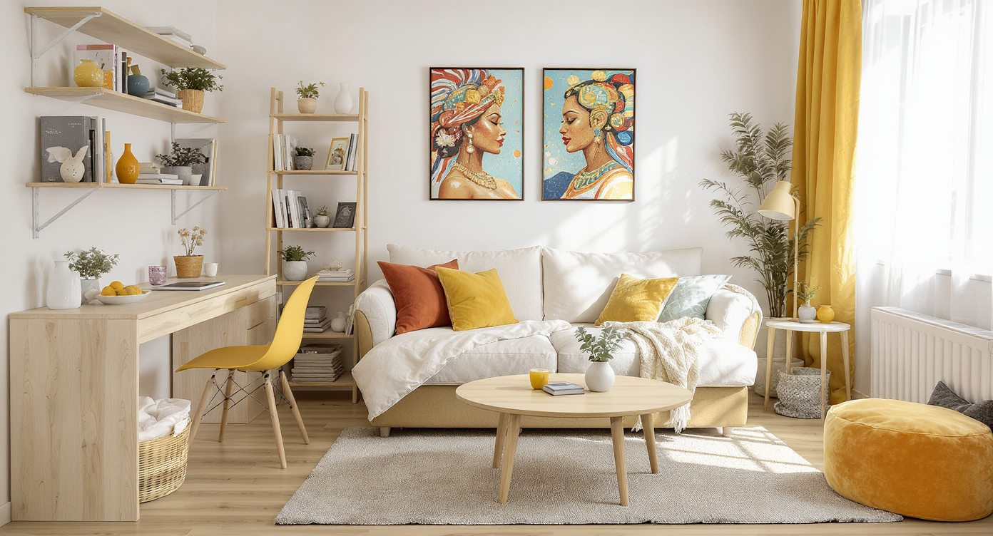 A versatile living room showcasing multifunctional furniture and joyful decor.