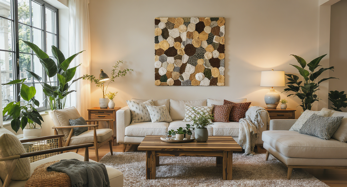 A sustainable living room featuring reclaimed wood, organic textiles, and natural lighting.