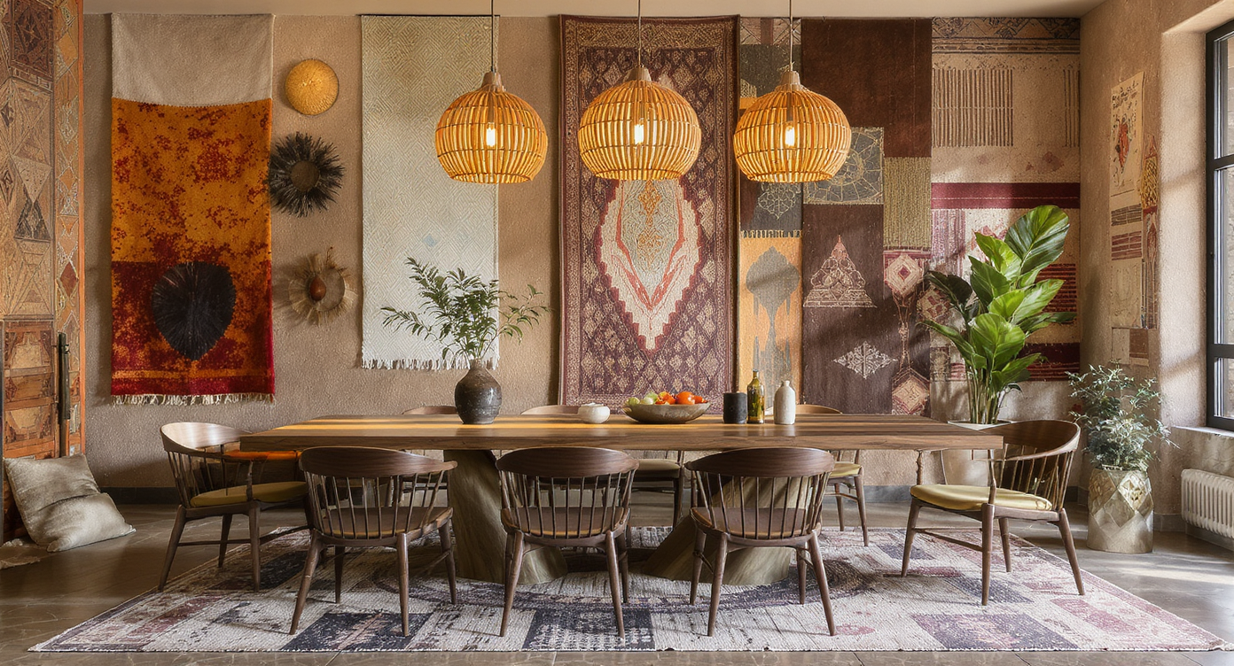 A dining area that reflects cultural fusion with a mix of traditional and modern design elements.