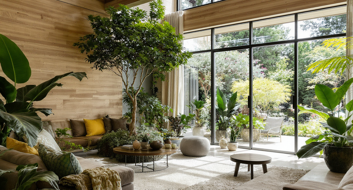 A living area promoting biophilic design with indoor plants and natural light.