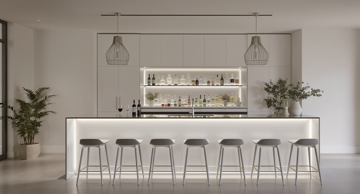 A modern minimalist home bar with a glass top, white cabinetry, and contemporary bar stools emphasizing simplicity.