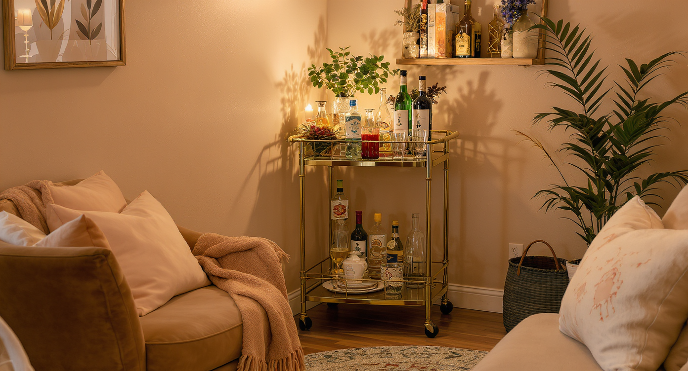 A compact home bar corner with a stylish bar cart, cozy seating, and decorative elements creating a chic atmosphere.
