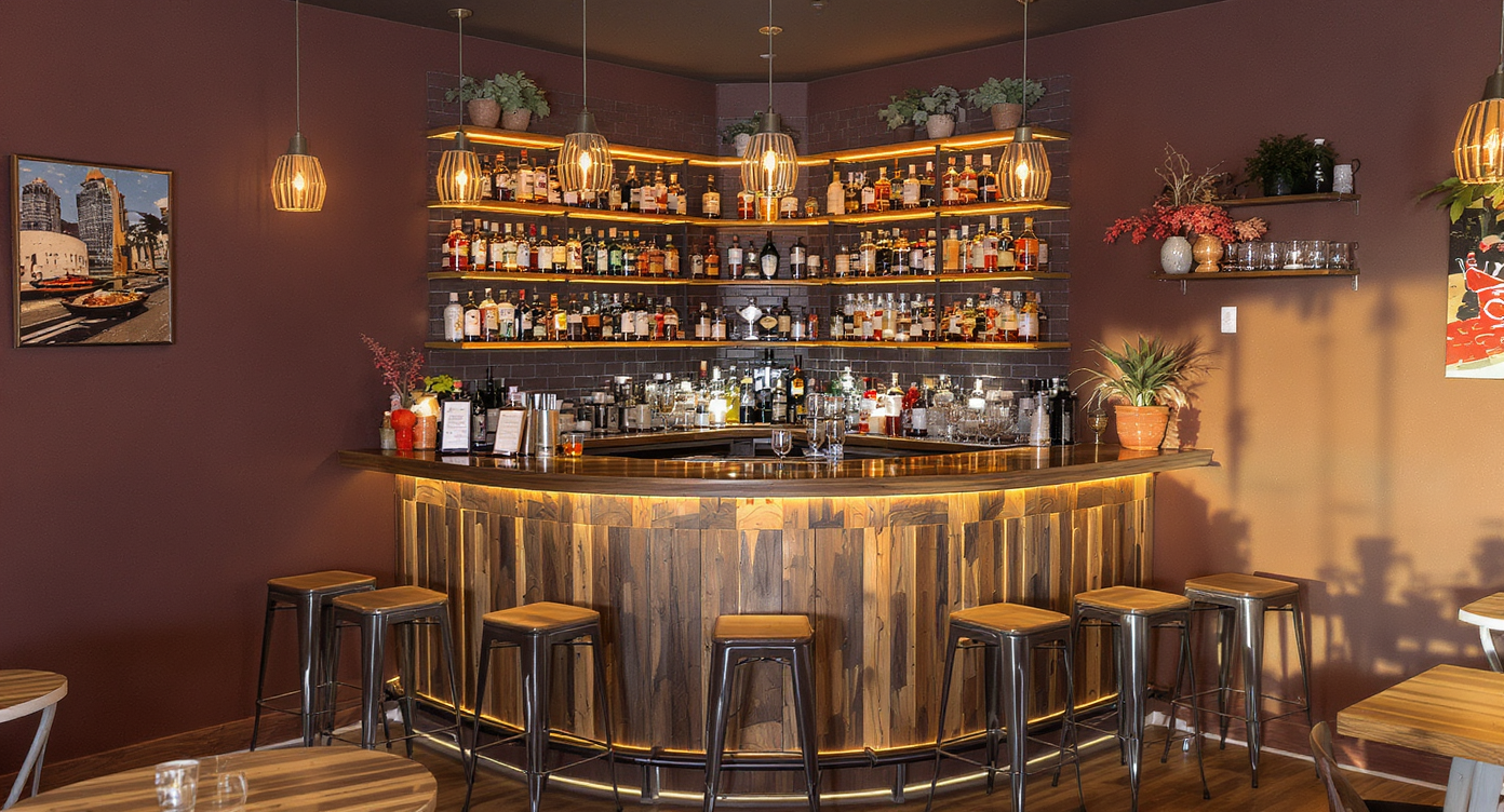 A compact corner bar made of reclaimed wood and metal, featuring glassware and mounted shelves with décor.