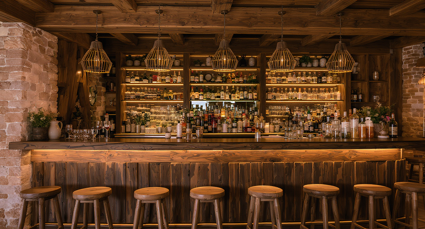 A rustic bar made of reclaimed wood and stone, with artisanal glassware and warm lighting creating a cozy atmosphere.