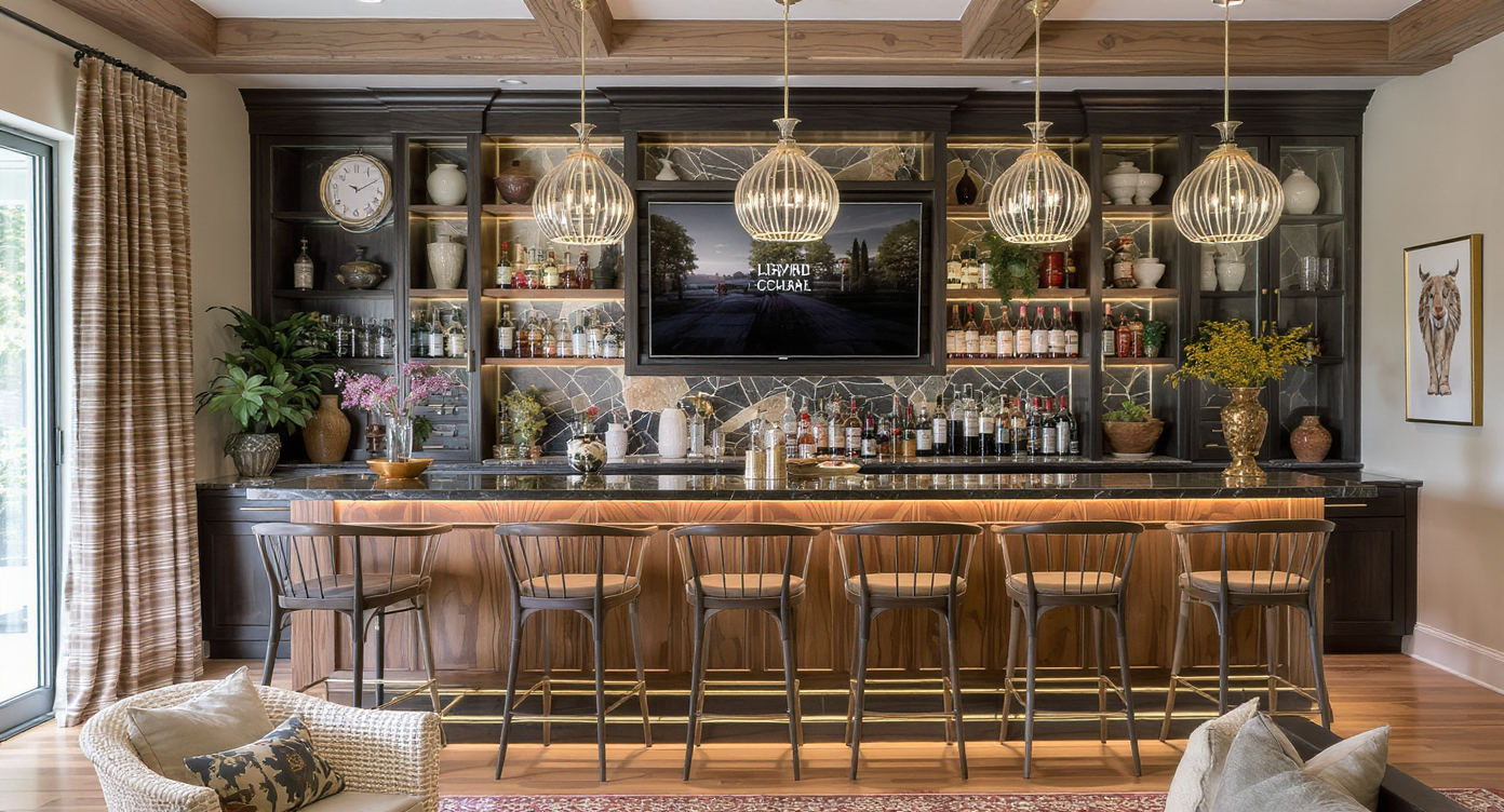 A personalized home bar with unique shelving and decor reflecting individual style and preferences.