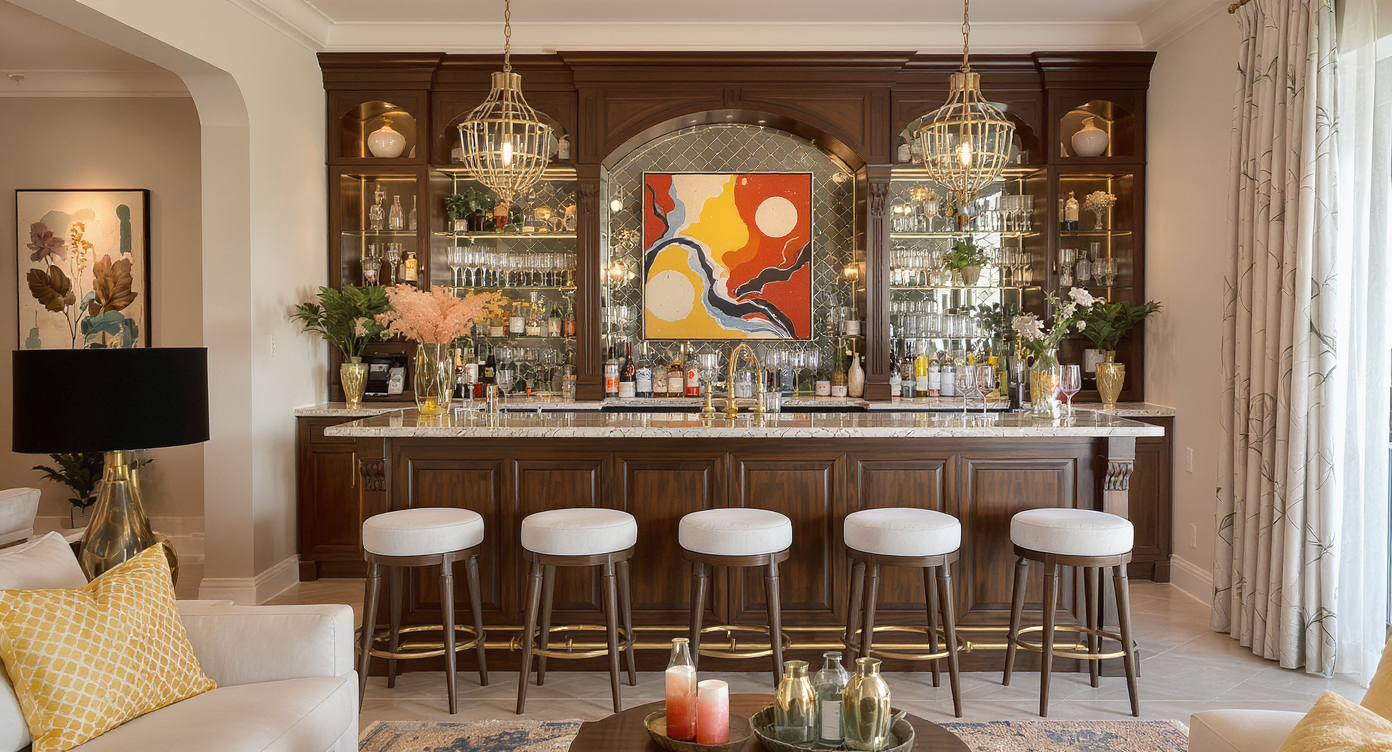 A stylish home bar setup with a wooden bar cabinet, modern bar stools, and decorative elements in a warm-lit living space.