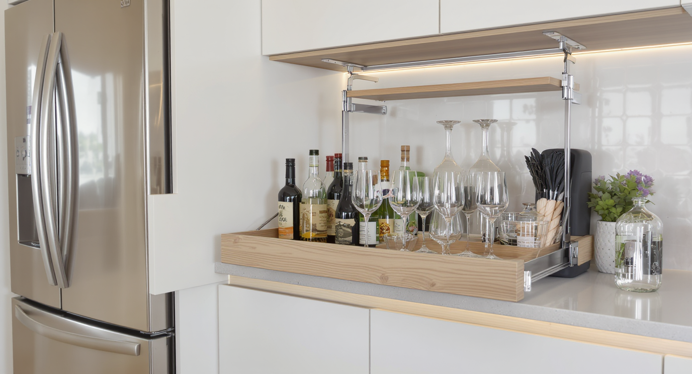 A space-saving home bar integrated into a modern kitchen with a pull-down shelf for storage and sleek cabinetry.