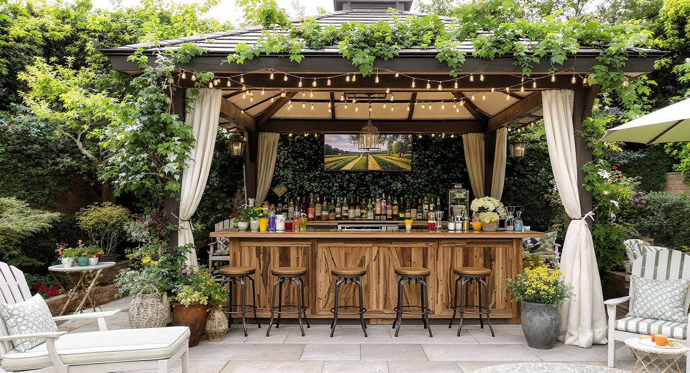 An outdoor patio bar with a rustic wooden design, surrounded by greenery and cozy seating under a gazebo.