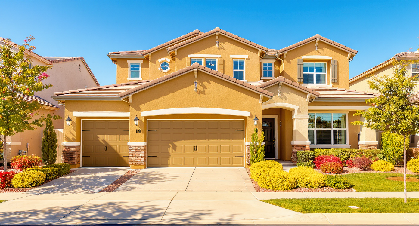 A beautifully designed garage-forward home with a modern facade, updated garage door, and lush landscaping.