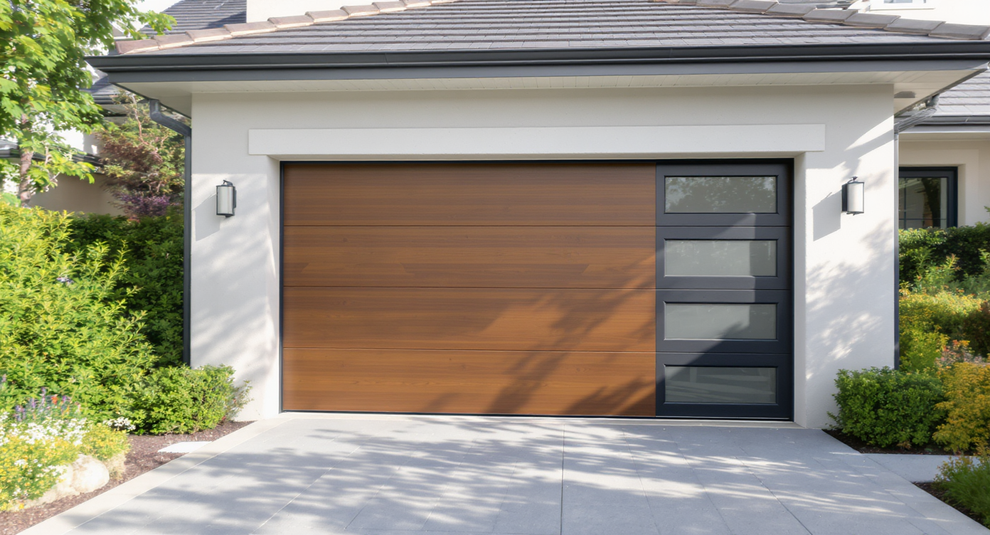 A stylish modern garage door made of wood and metal, set against a beautifully maintained driveway.
