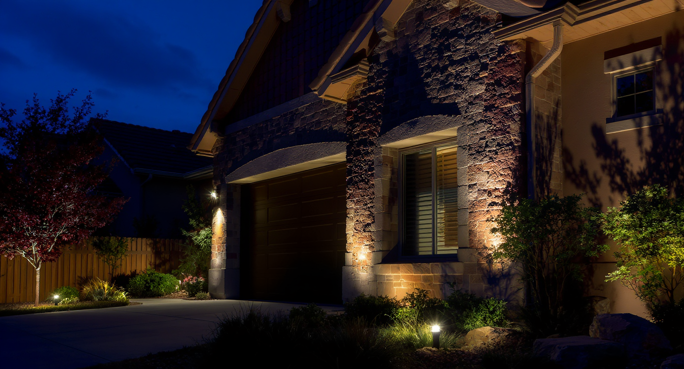 Exterior view of a garage-forward home at dusk, with lighting emphasizing its architectural features.