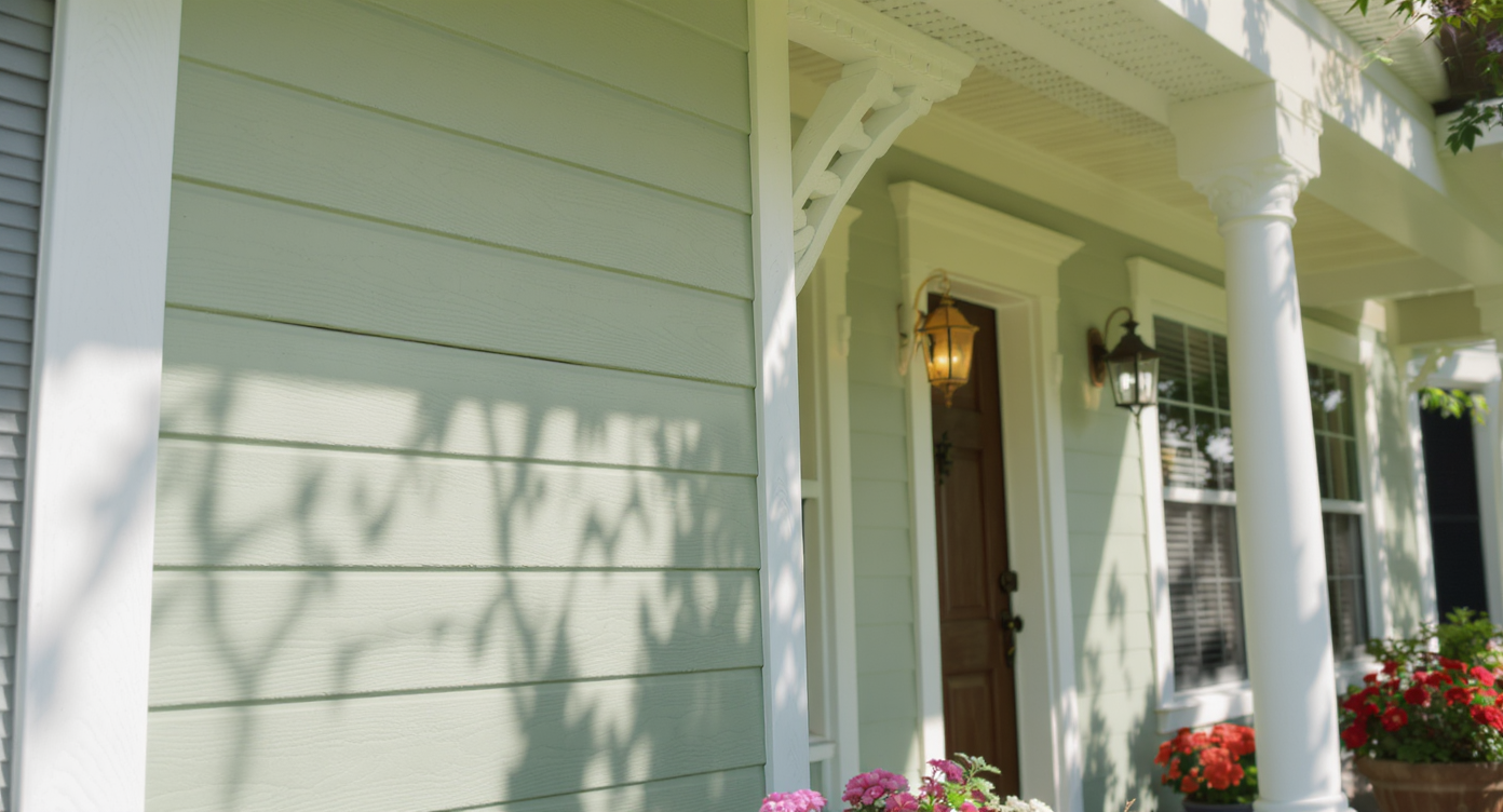 Close-up of a home's exterior showing harmonious paint colors and architectural details.