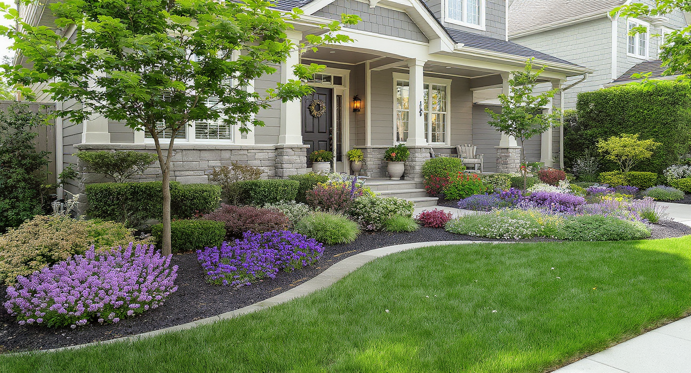 A balanced landscape design with colorful flowers and greenery in a front yard with a garage-forward home.