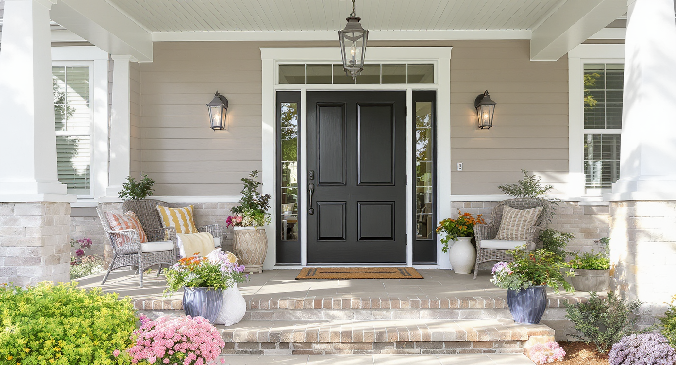 A modern front entryway with a striking door, stylish porch furnishings, and beautiful plants.