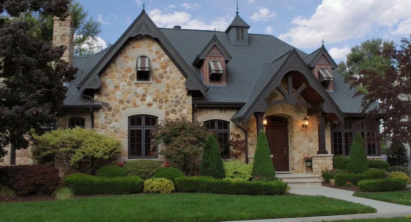 A home facade displaying rich architectural details, including window trims and a unique roofline.