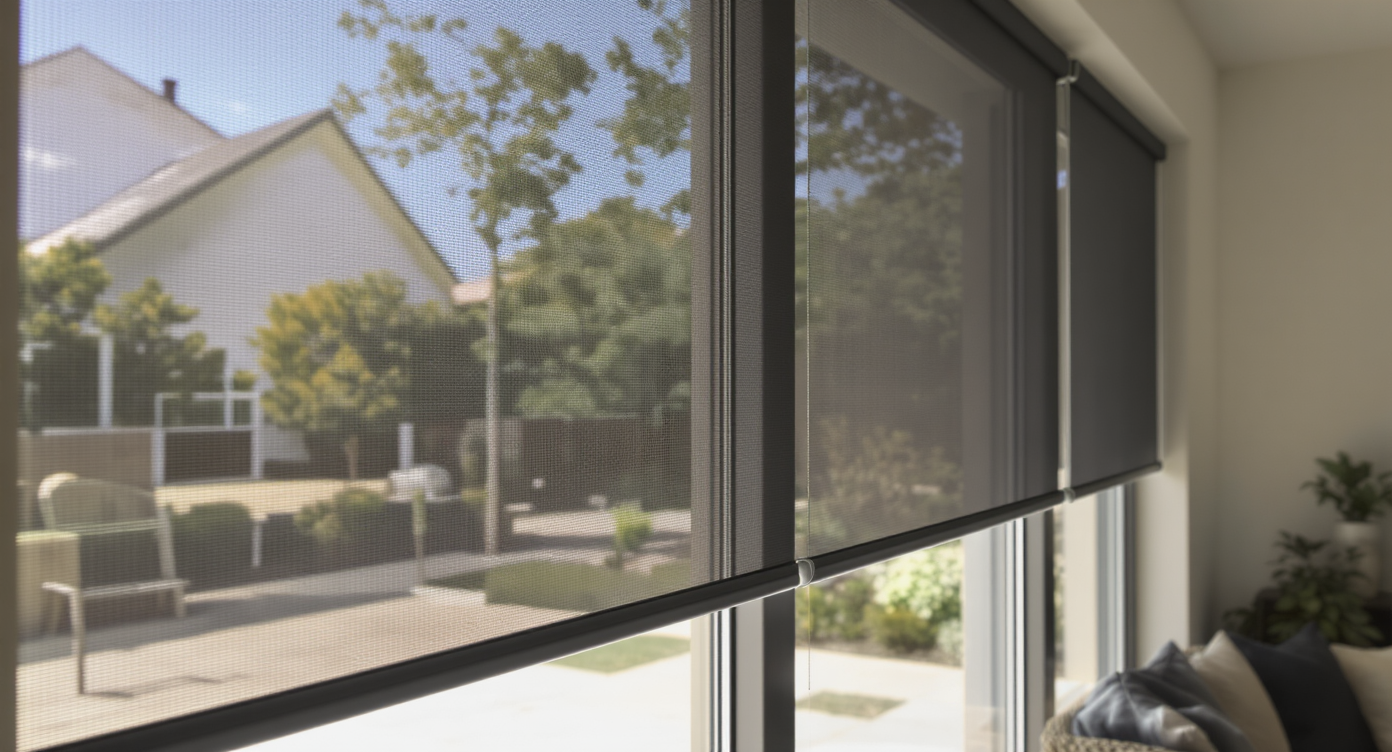 Solar screens on large windows demonstrating sunlight blocking features.