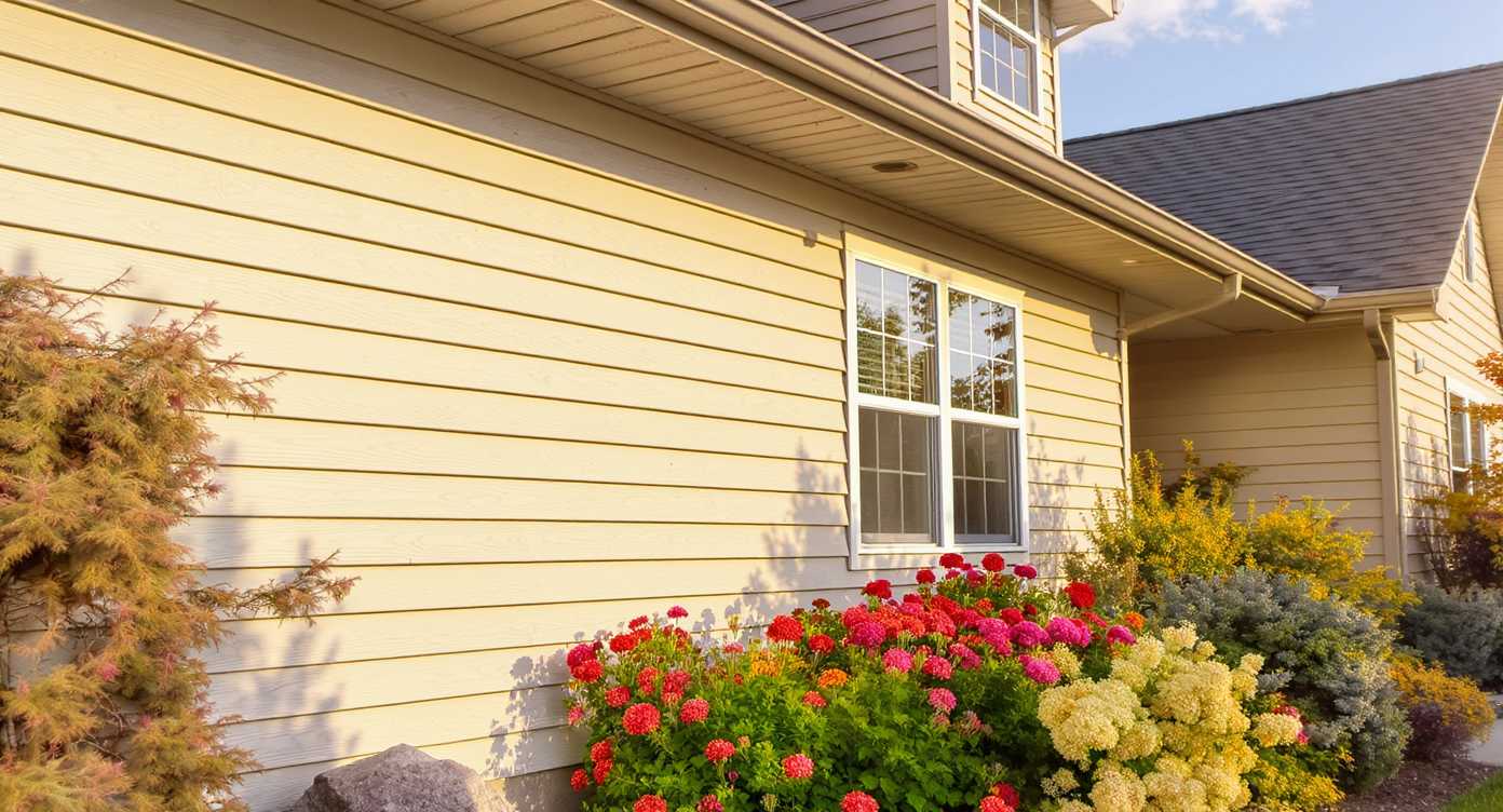 A modern home with light-colored siding surrounded by a blooming garden.