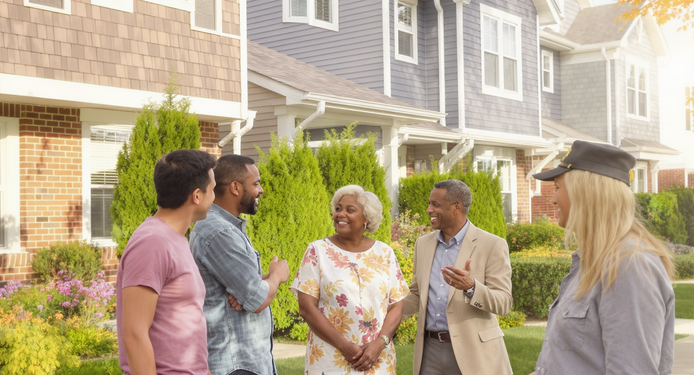 Neighbors discussing solutions for protecting their homes from sun exposure.