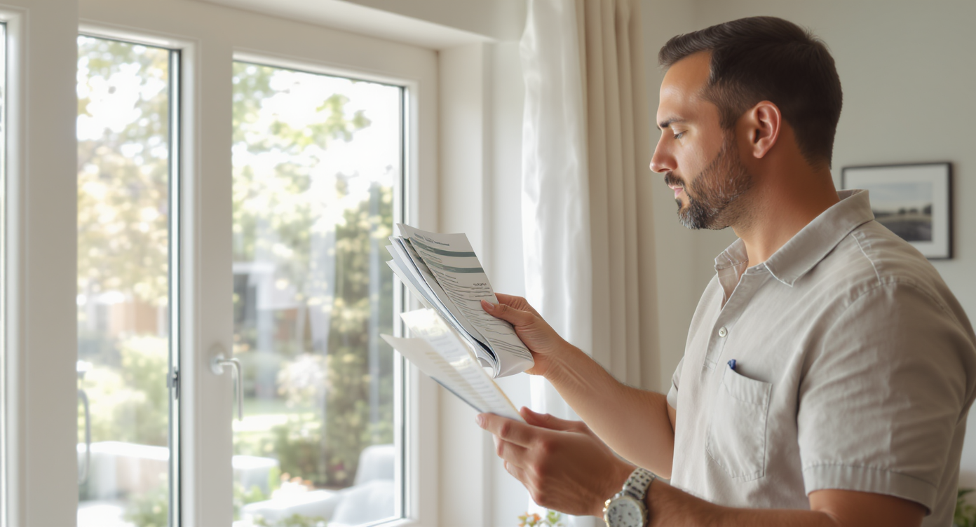 A homeowner looking at window film samples in a bright living room.