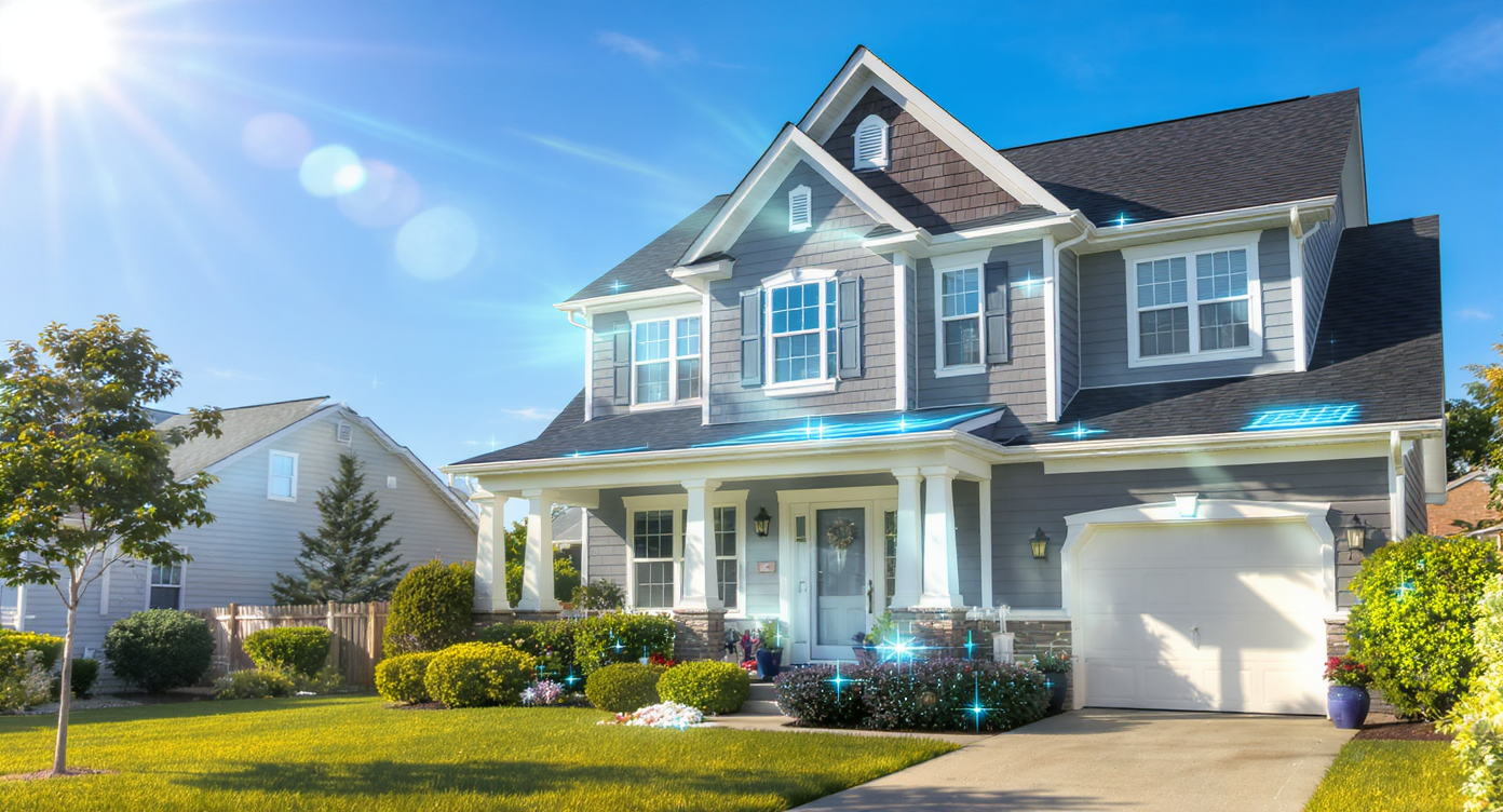 Reflective barriers installed on a home, reflecting sunlight in critical areas.