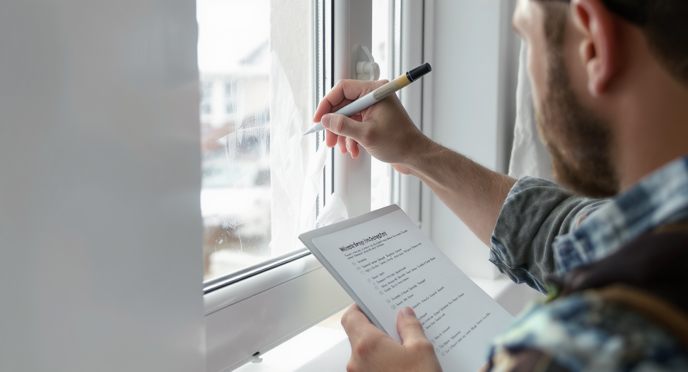 A homeowner inspecting windows for integrity and checking for defects.