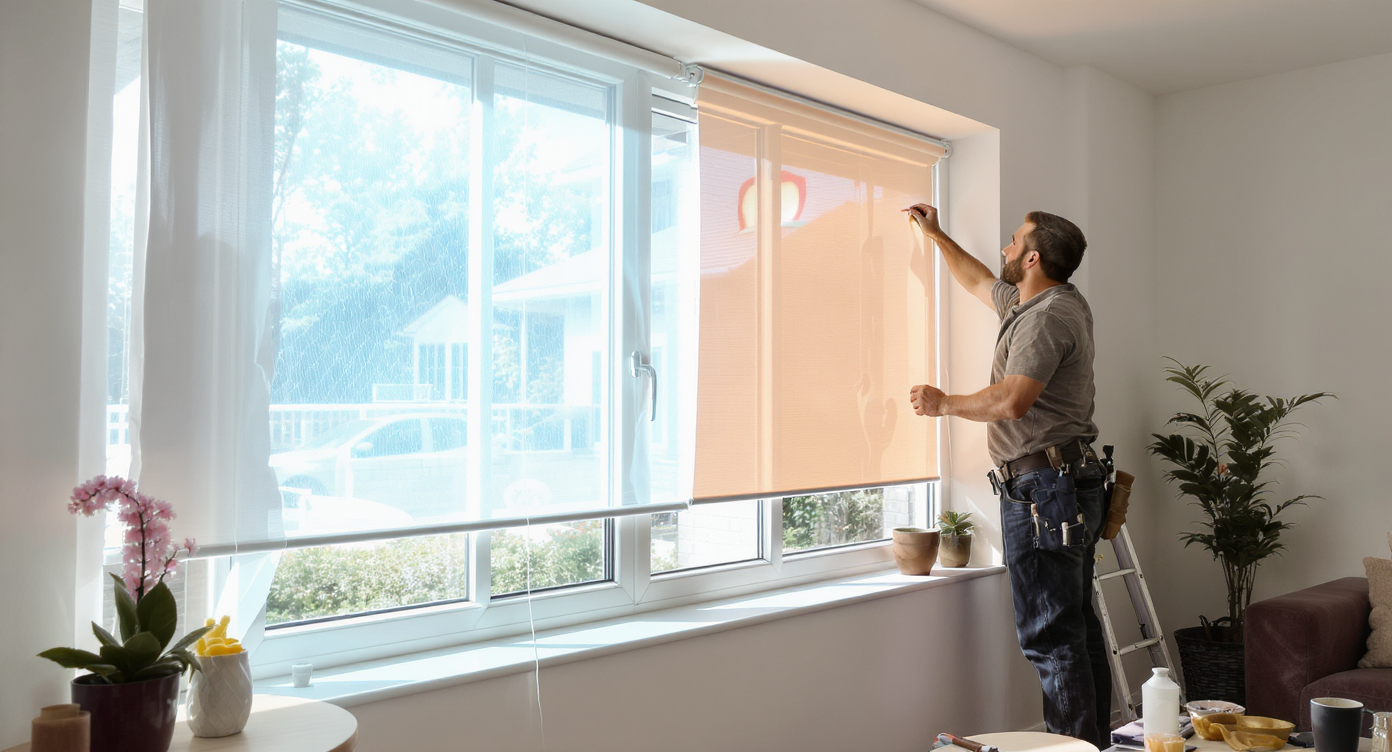 A professional installing window films in a bright room to diffuse sunlight.