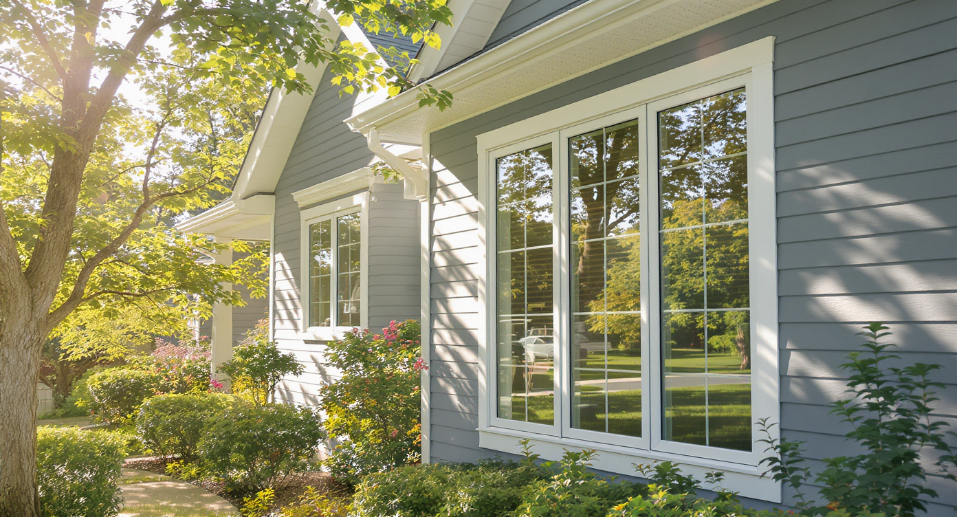A modern home with vinyl siding and large windows surrounded by greenery, reflecting sunlight.