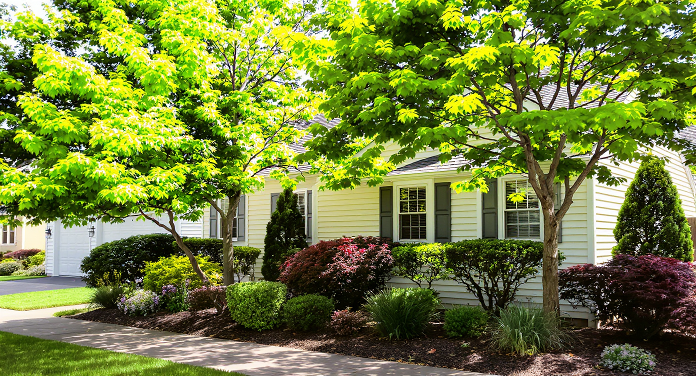 A landscaped front yard with trees and shrubs shading a home.