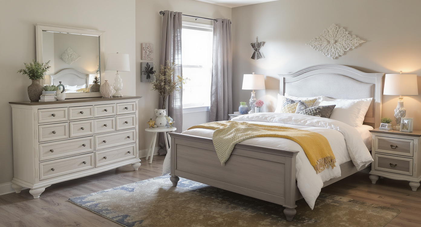 A bedroom featuring functional furniture pieces, balancing style and practicality for an appealing setup.