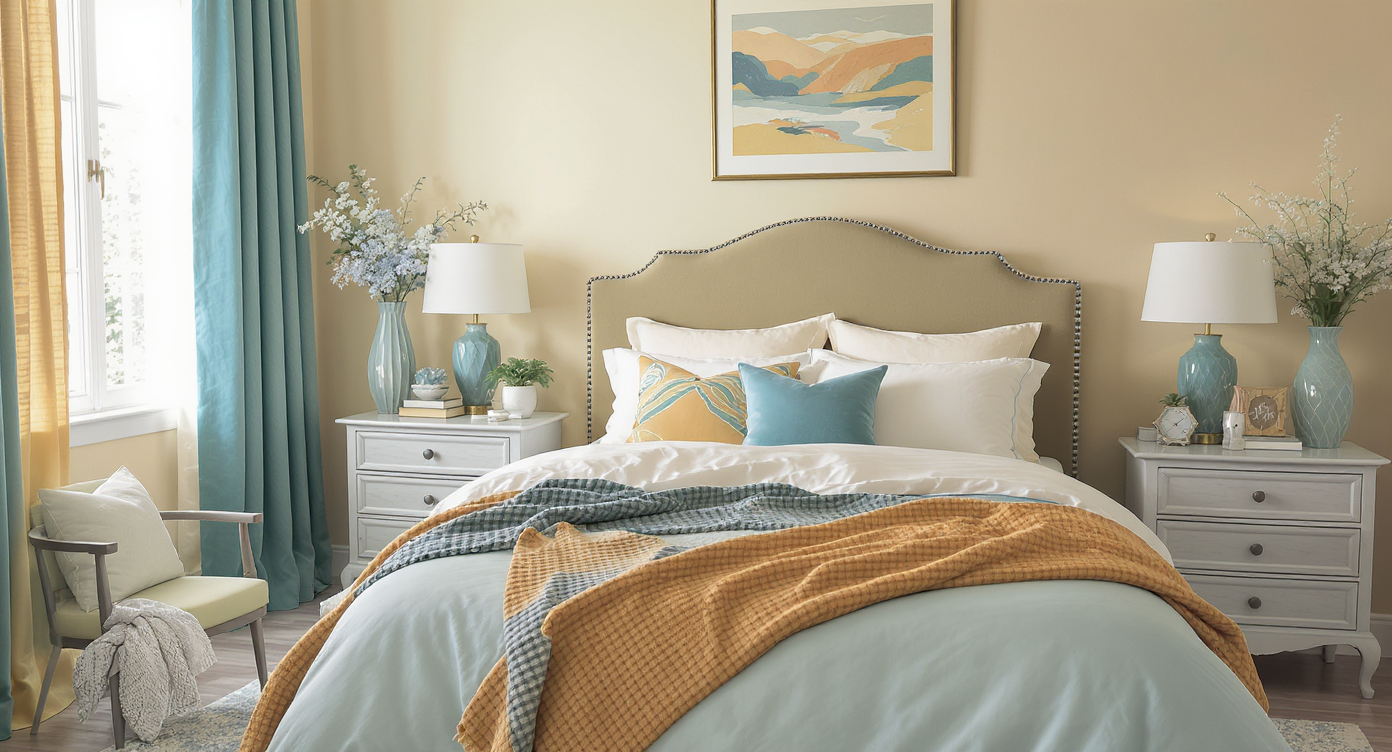 A bedroom with a unified color scheme through bedding, curtains, and decorative accents, creating a stylish space.