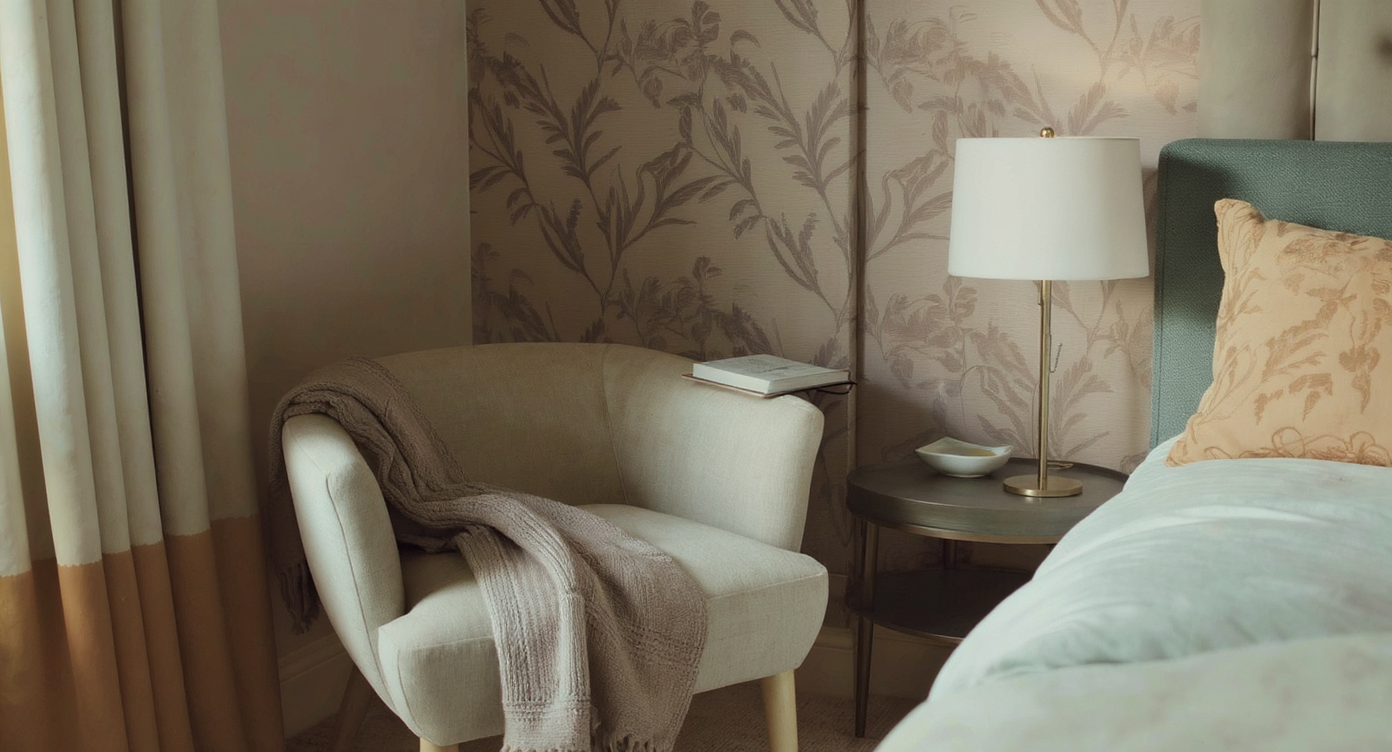 An inviting bedroom corner with a stylish chair, bedside table, and warm lighting.