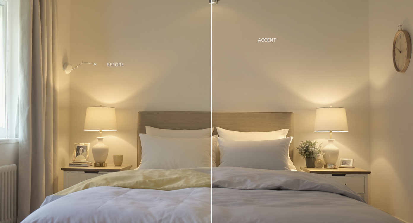 A bedroom displaying layered lighting with overhead fixtures, lamps, and soft accents creating a warm ambiance.