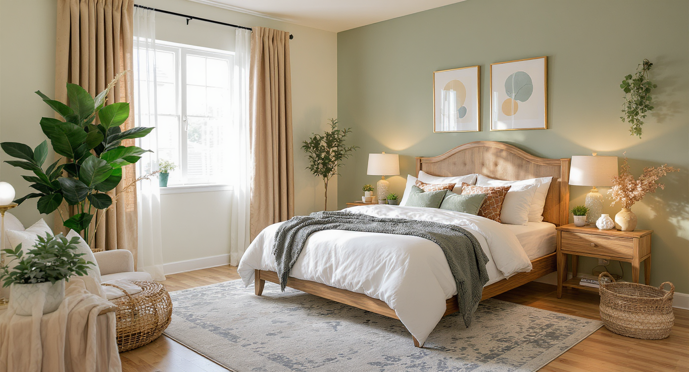 A serene and inviting bedroom featuring a cozy bed, warm wood accents, and natural light through elegant drapes.