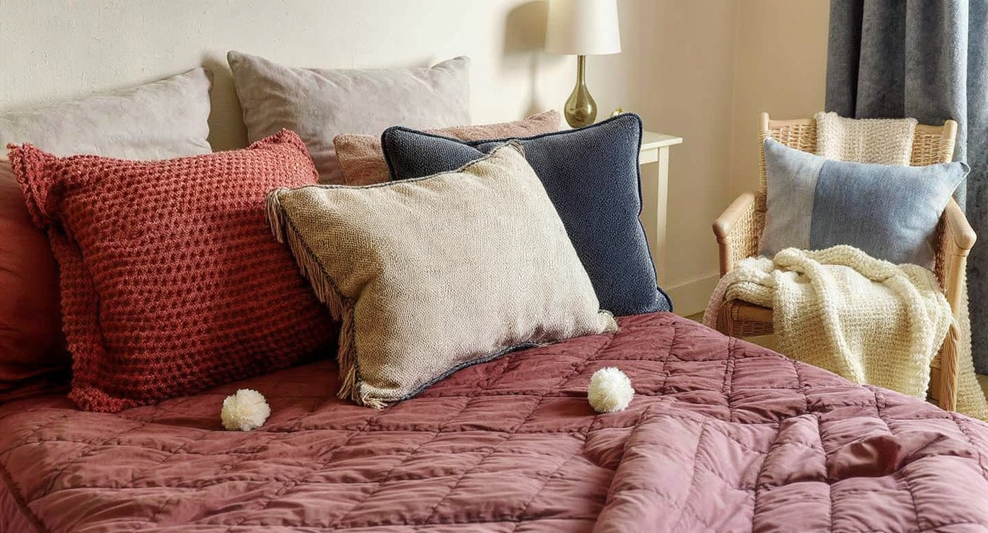 A bedroom decorated with an array of textiles, showcasing layers and personal touches for added comfort.