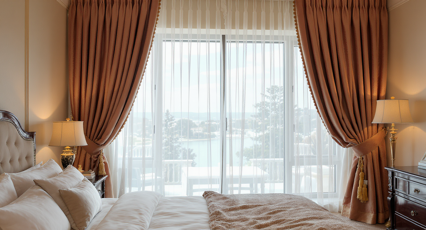 A bedroom featuring elegant floor-to-ceiling window treatments that enhance the room's style and ambiance.
